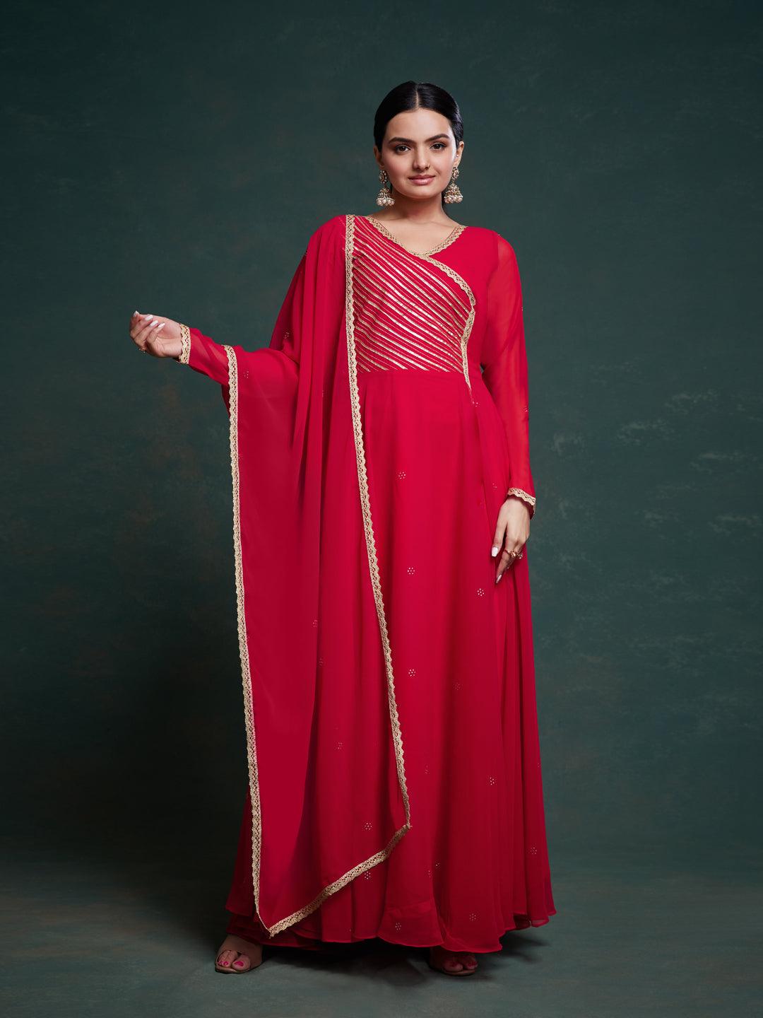 Red color gotta patti gown with dupatta Low Shipping Fee Online