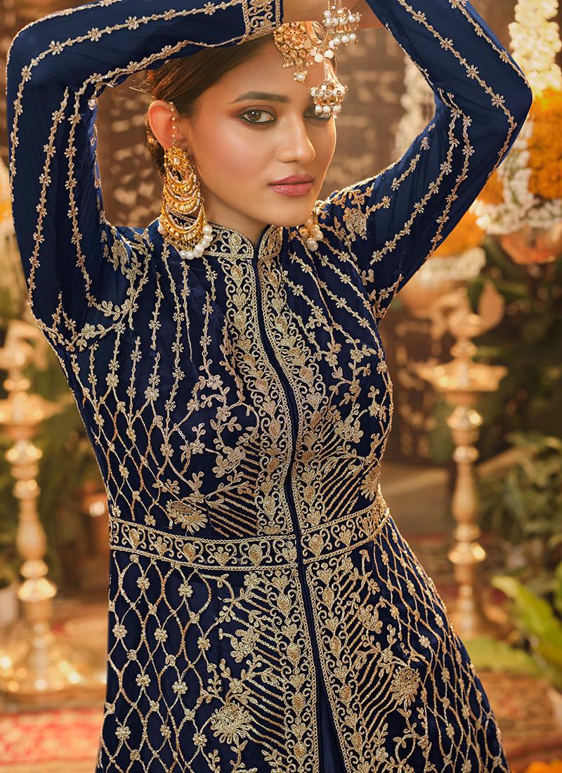 Band Collar Embroidered Navy Blue Pakistani Suit Classic