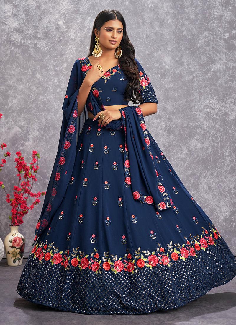 Thread With Sequins Teal Blue Georgette Lehenga Cheap Sale Eastbay