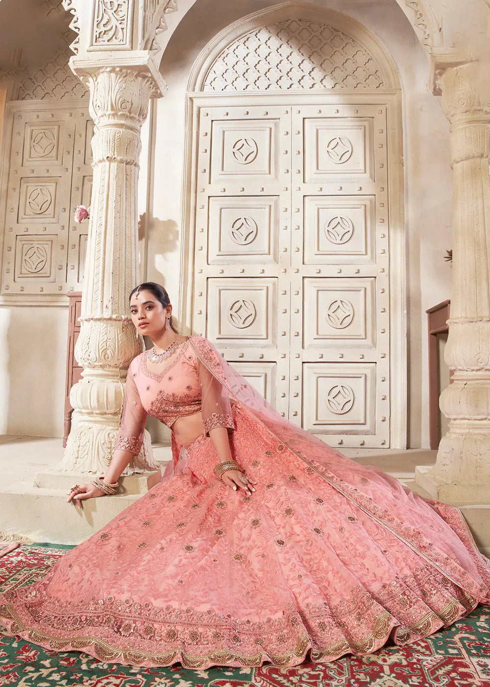 Precious Dark Peach Designer Wedding Style Lehenga Choli Store With Big Discount