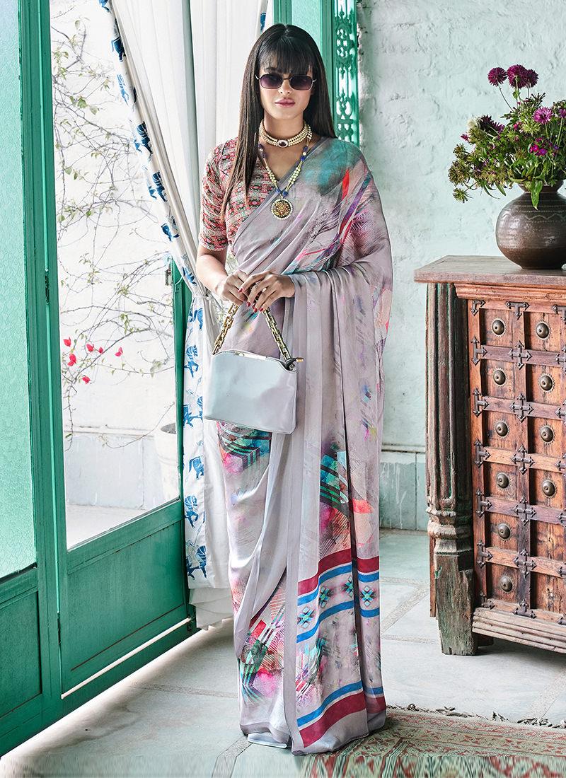 Grey Printed Saree With Fancy Blouse Cheap Sale Choice