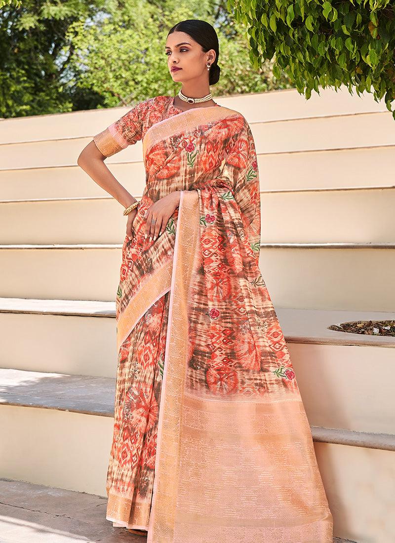 Peach Color Dynamic Printed Partywear Saree Cheap Affordable