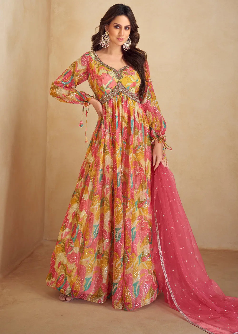 Multicolored Pure Chinon Printed Mirror Handworked Designer Gown Sale Clearance