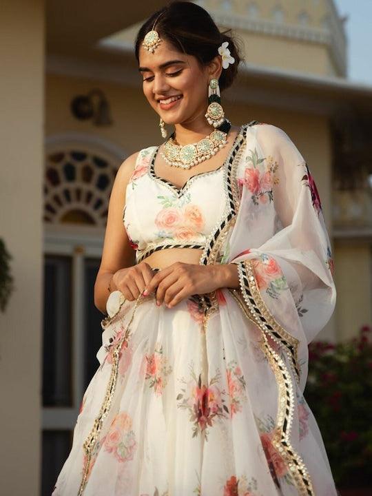 White Organza Printed floral lehenga Choli Discount Shop For