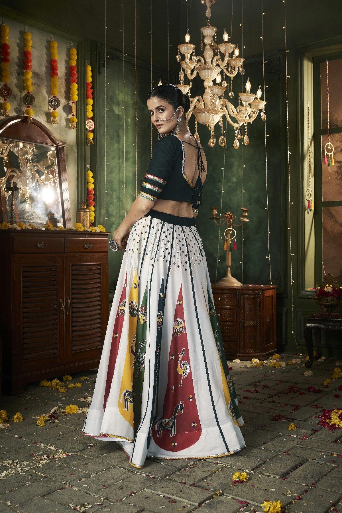 Navratri Wear White Thread Mirror Worked Lehenga Choli Sale Online Shop