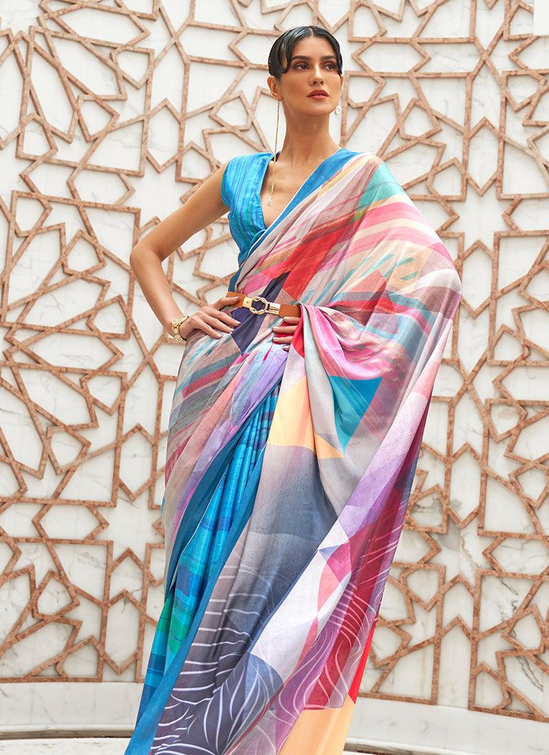 Mesmerizing Blue Color Silk Fabric Partywear Printed Saree Sale Online Shop