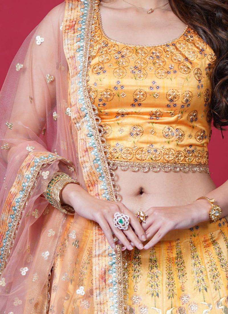 Eye-Captivating Yellow Color Silk Base With Digital Print Base Occasion Wear Lehenga Choli Free Shipping Clearance