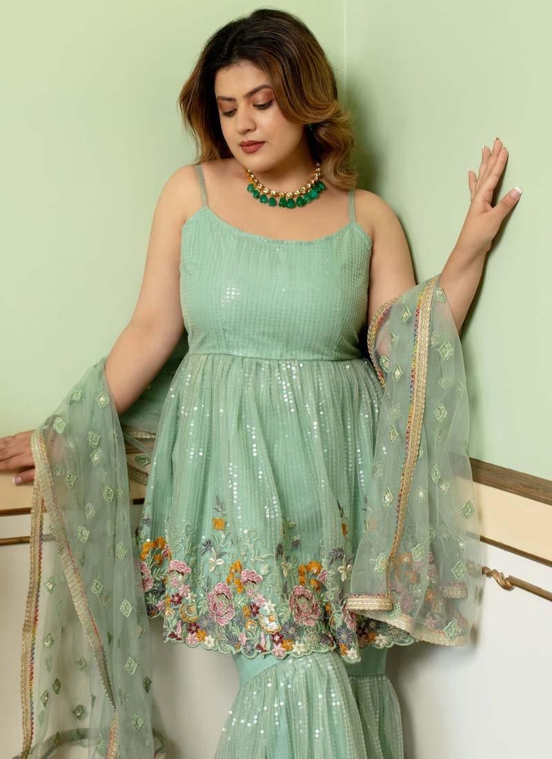 Dusty Green Color Georgette Fabric Sleeveless Sharara Salwar Suit Cheap Sale Marketable