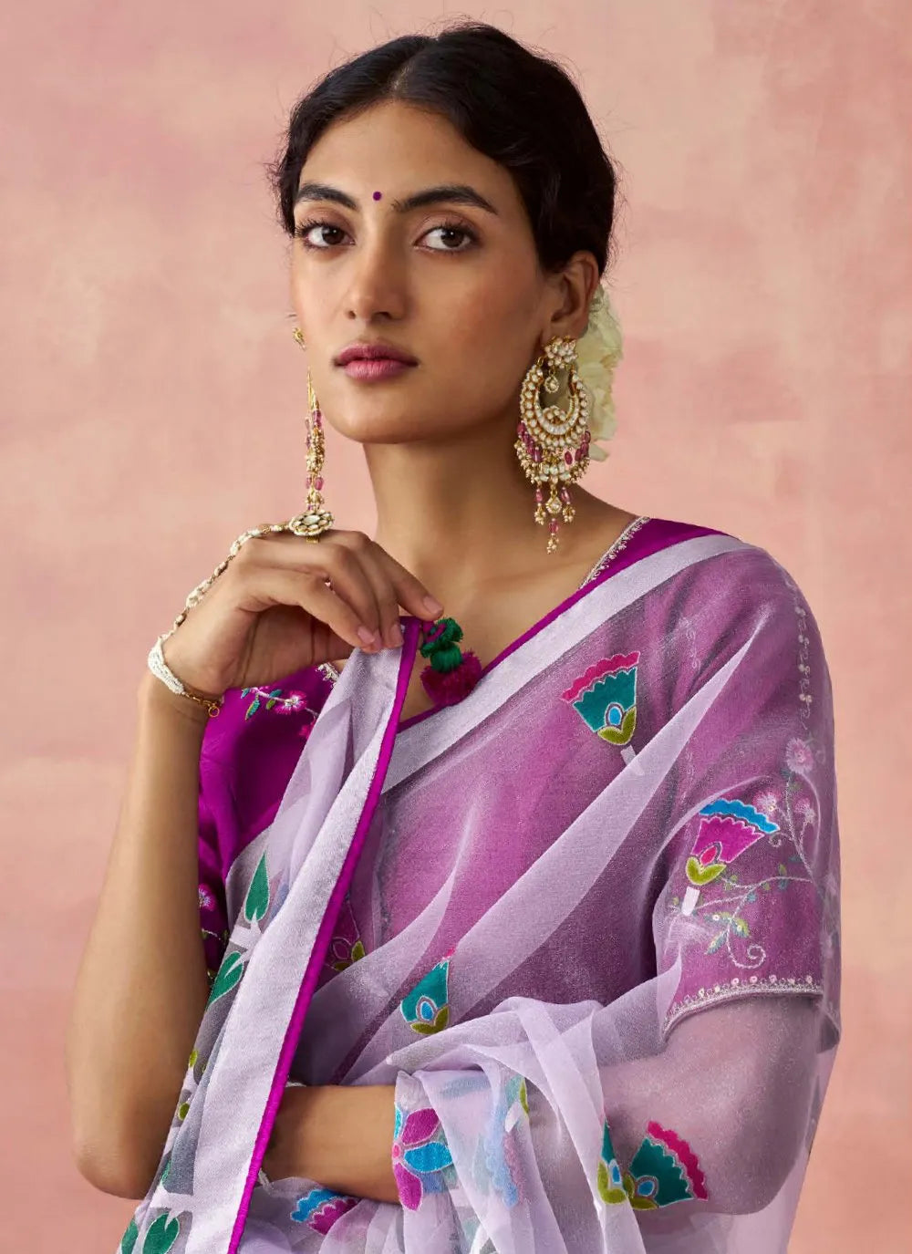 Violet Colored Organza Printed Woven Worked Designer Saree Cheap Sale Professional