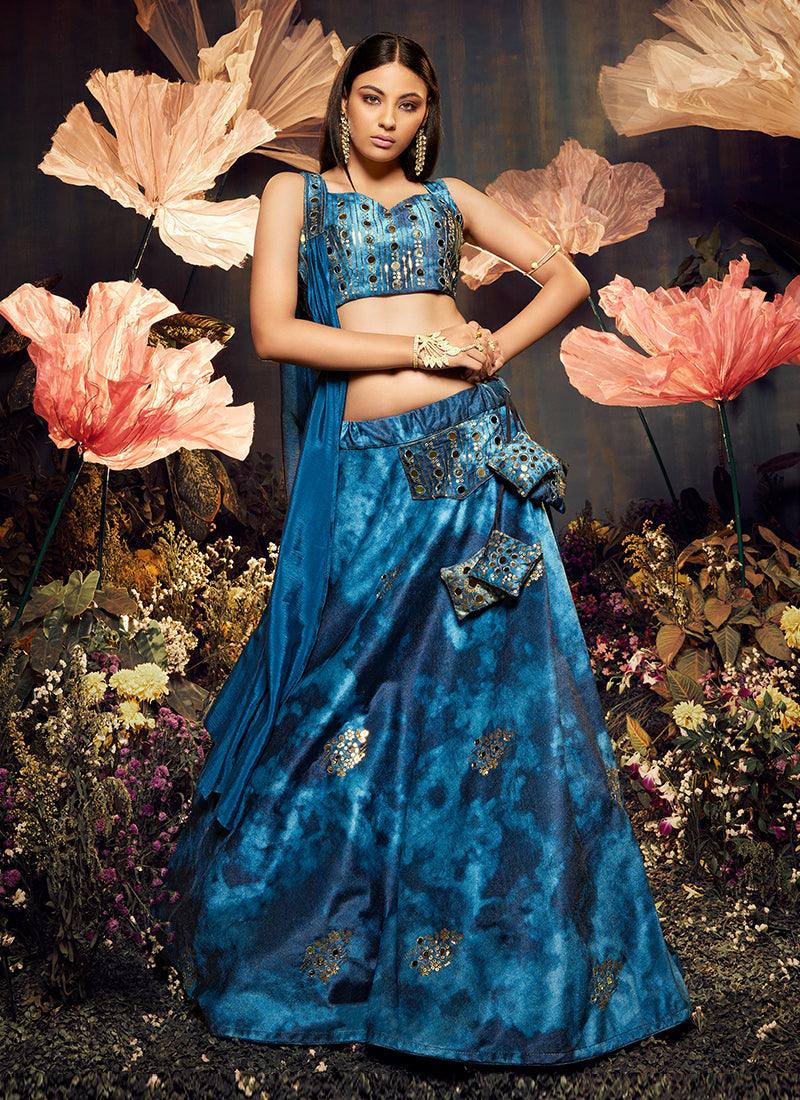 Shibori Print With Heavy Mirror Blue Lehenga Free Shipping In China