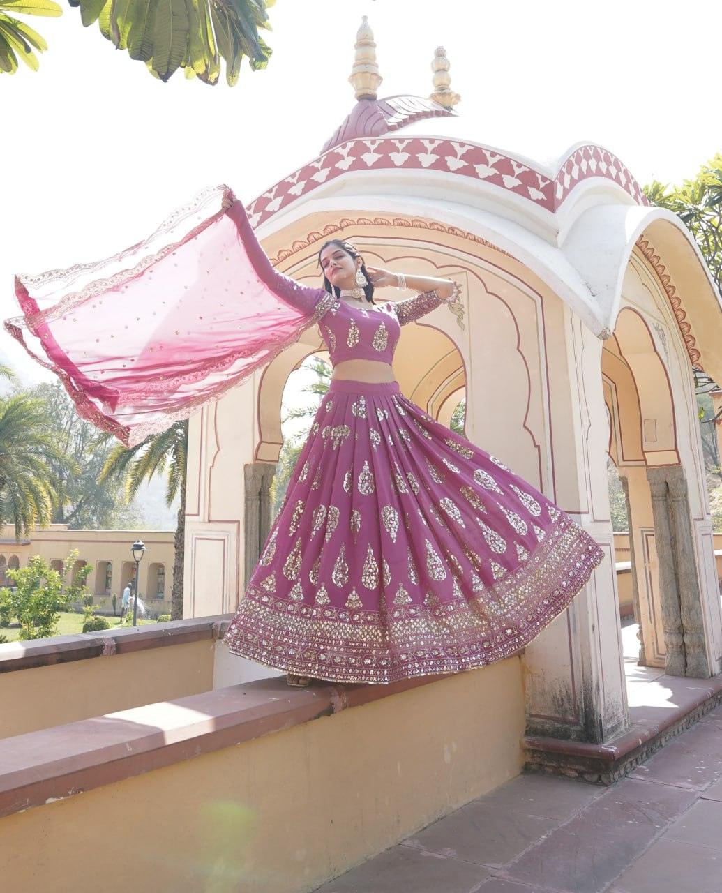 Reddish Magenta Faux Georgette Heavy Sequins Embroidered Lehenga Choli Set Top Quality For Sale