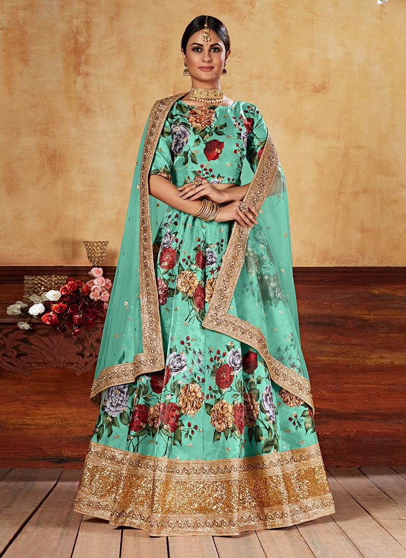 Heavy Sequins Digital Printed Green Floral Lehenga Discount For Nice