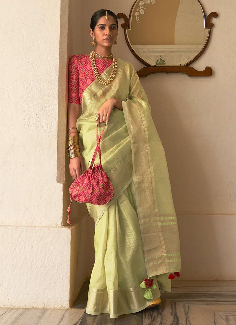 Green Organza Saree With Contrast Blouse Outlet Locations For Sale