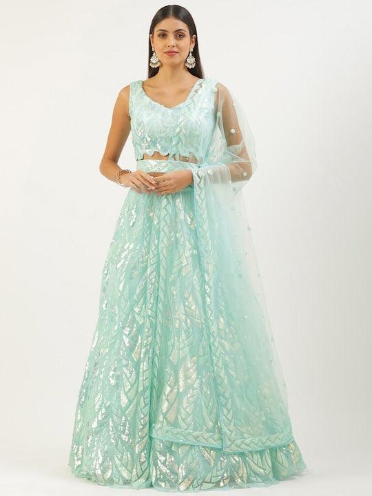 Light Blue color net Sequined flared lehenga choli with belt Cheap Sale Footaction