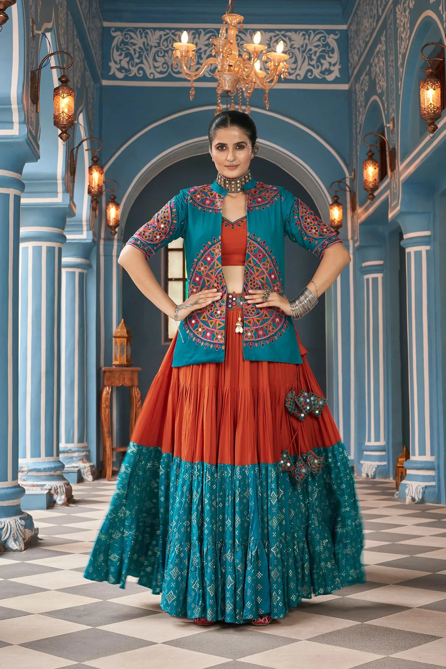 Celebrate Navratri With Multi and Rama  Lehenga Choli Fashionable Cheap Online