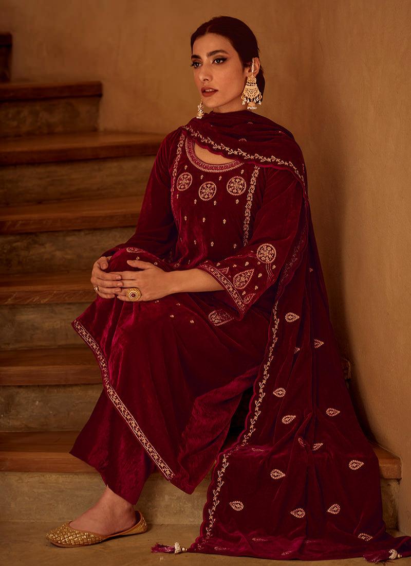 Heavy Zari Work Maroon Velvet Suit Sale Reliable