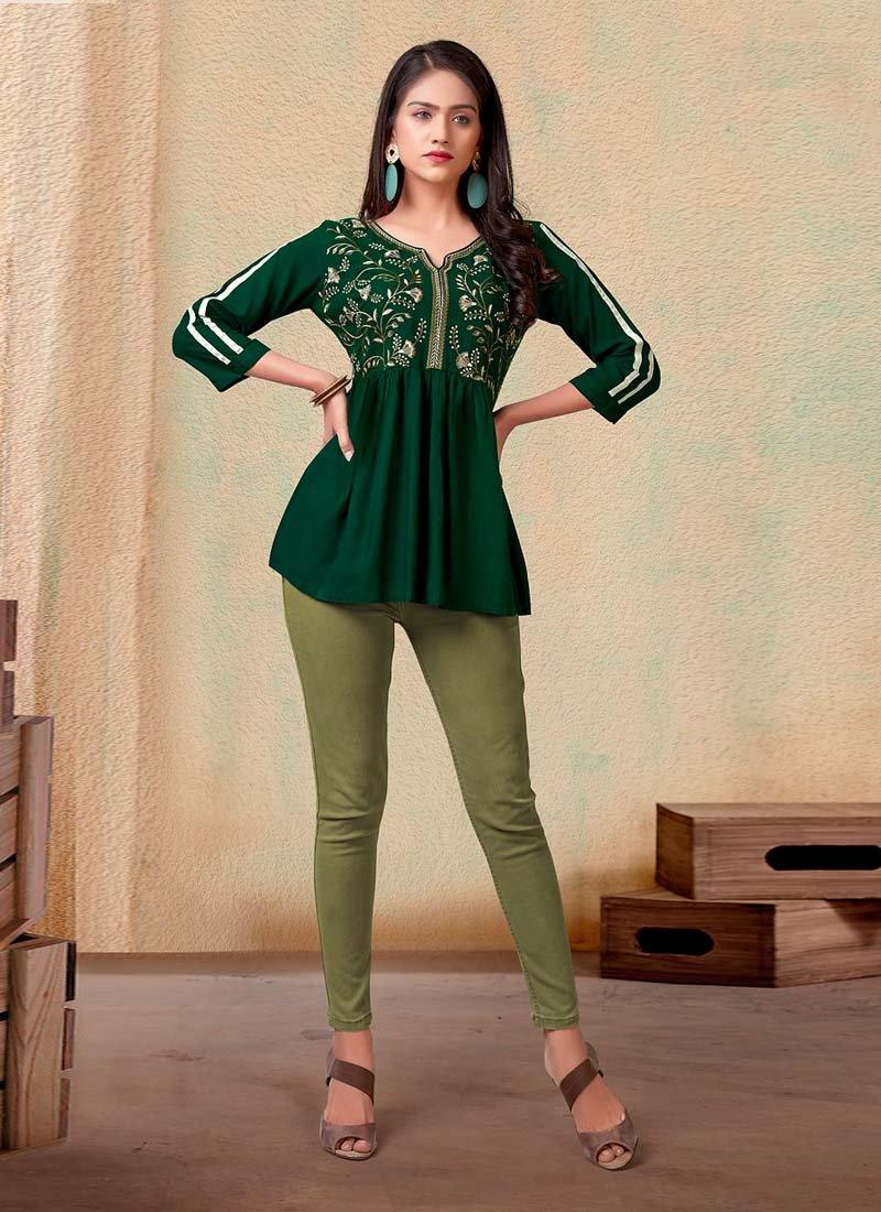 Forest Green Color 3/4th Sleeves Cotton Fabric Casual Wear Short Kurti Cheap Sale 100% Guaranteed