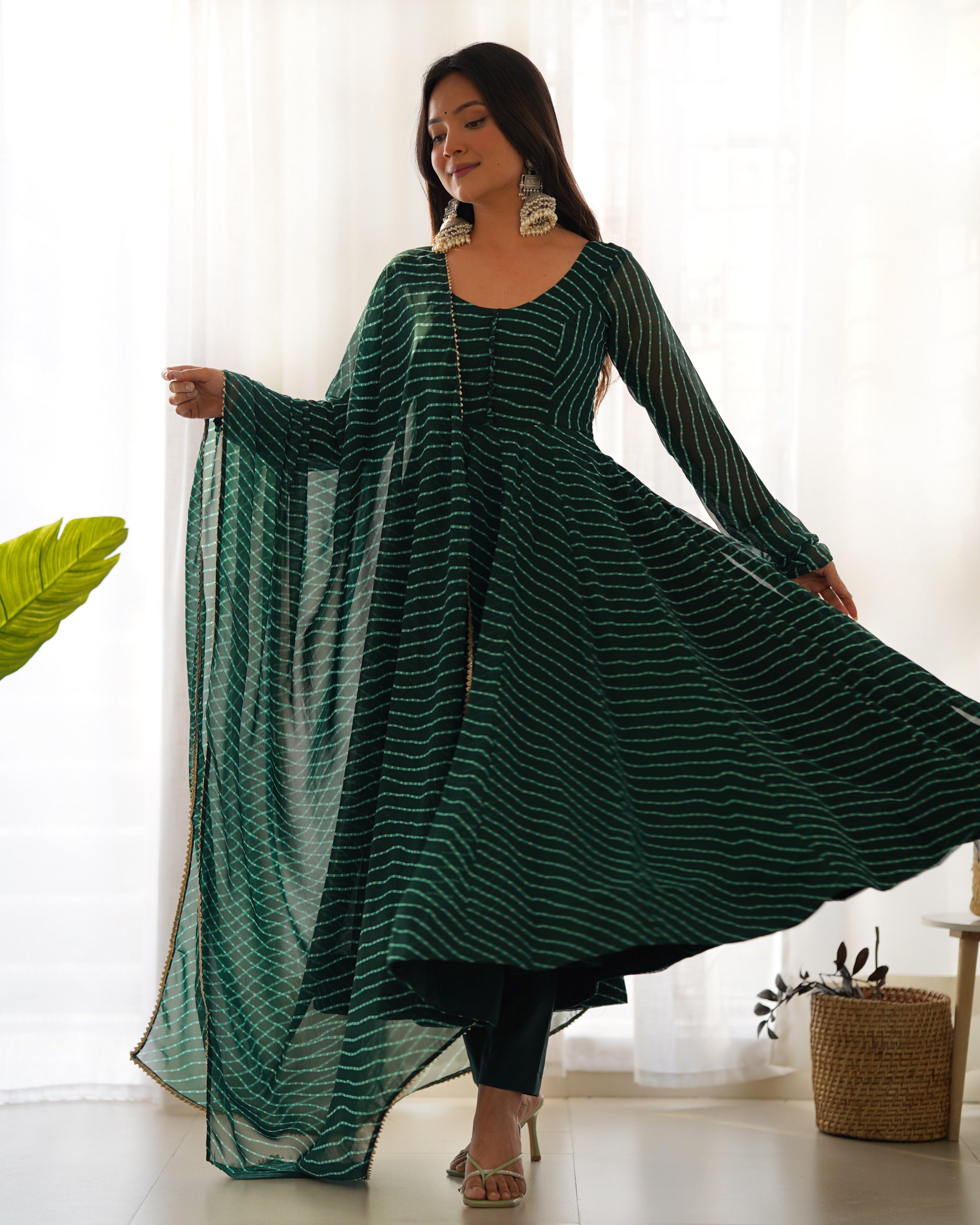 Green color georgette laheriya printed anarkali suit with dupatta Latest Collections Online