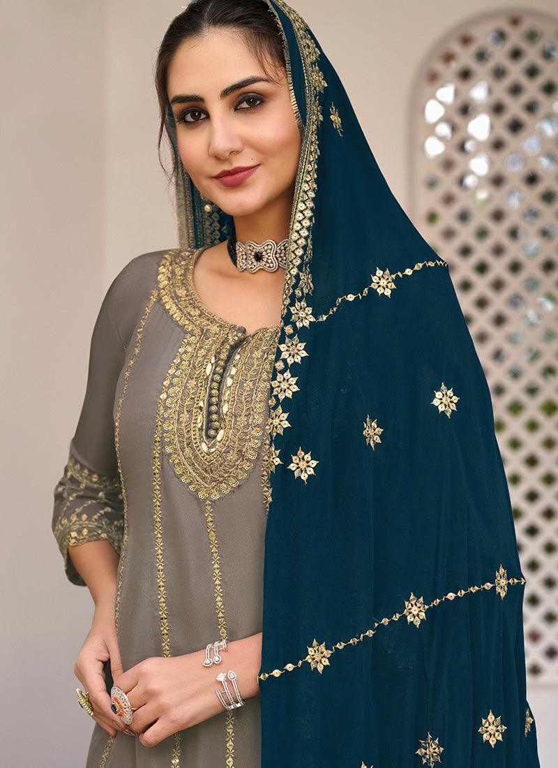 Grey Color Embroidered Sharara Suit With Contrast Sequins Work Dupatta Outlet 2025 New