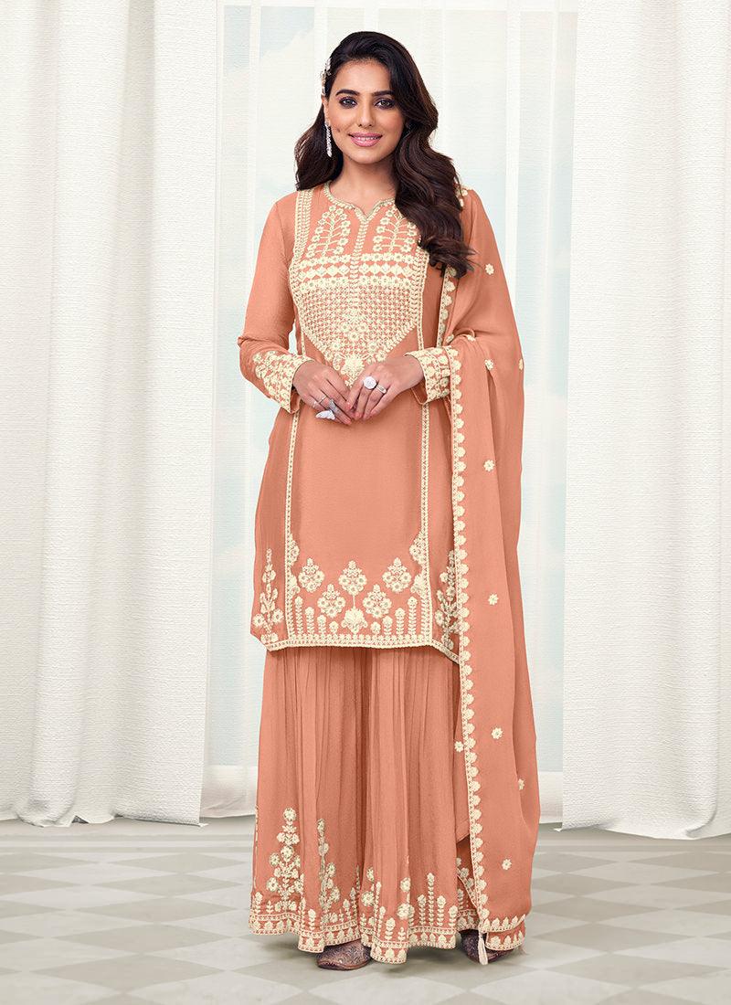 Embroidered Chinon Pastel Orange Sharara Suit Cheap Sale Visit