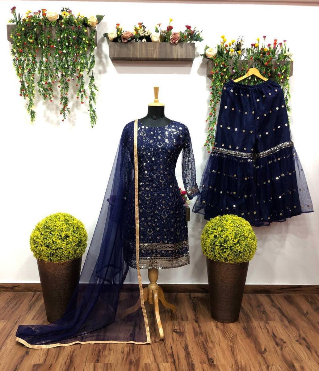 Navy Blue Color Soft Net Base With Sequins And Embroidery Work Sharara Suit Fashion Style Online