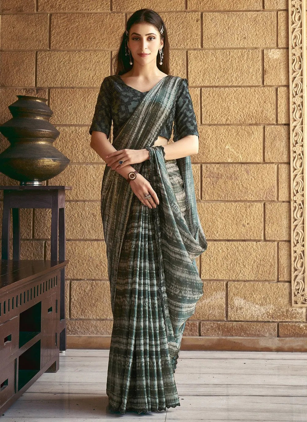 Army Green Shaded Satin Silk Printed Hand Worked Designer Saree Visit Online