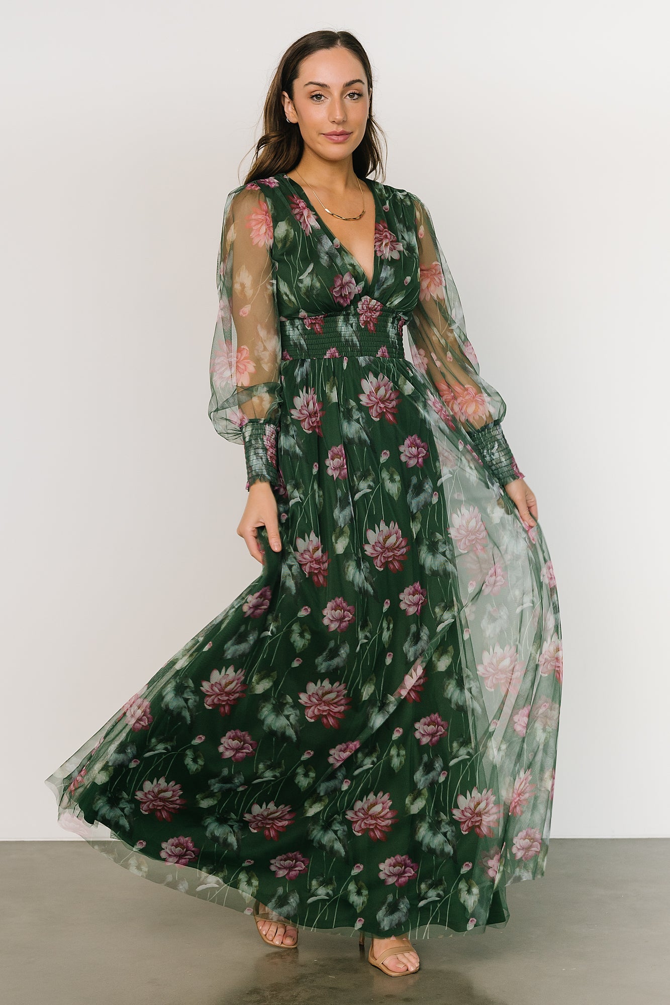 Layla Tulle Maxi Dress | Green + Pink Floral Discount Choice