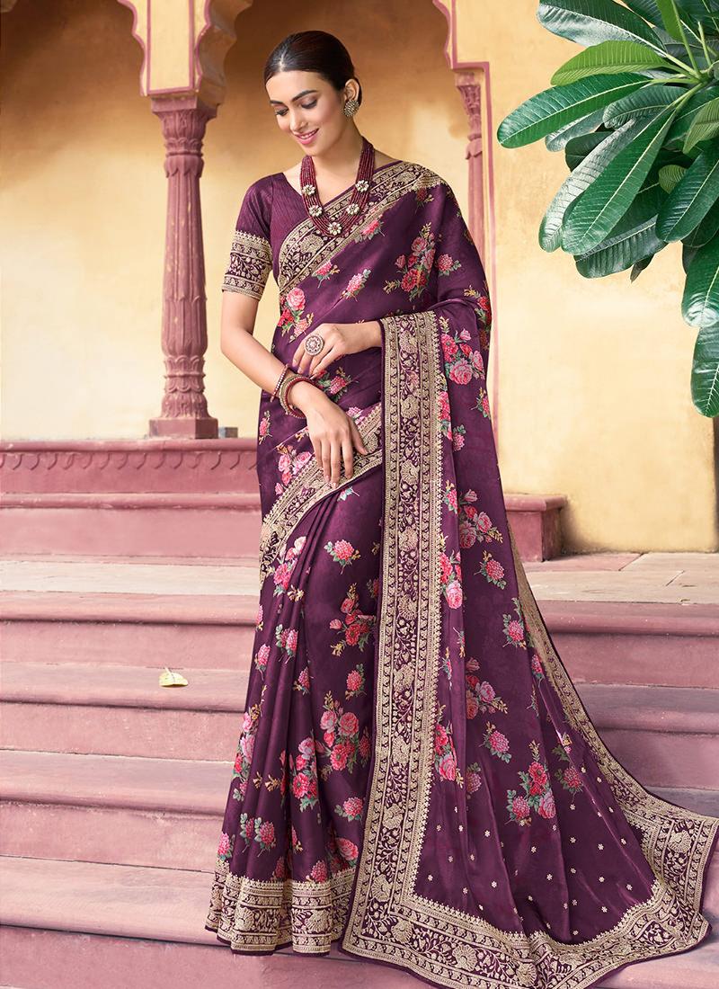 Embroidered Wine Organza Floral Saree Footlocker For Sale