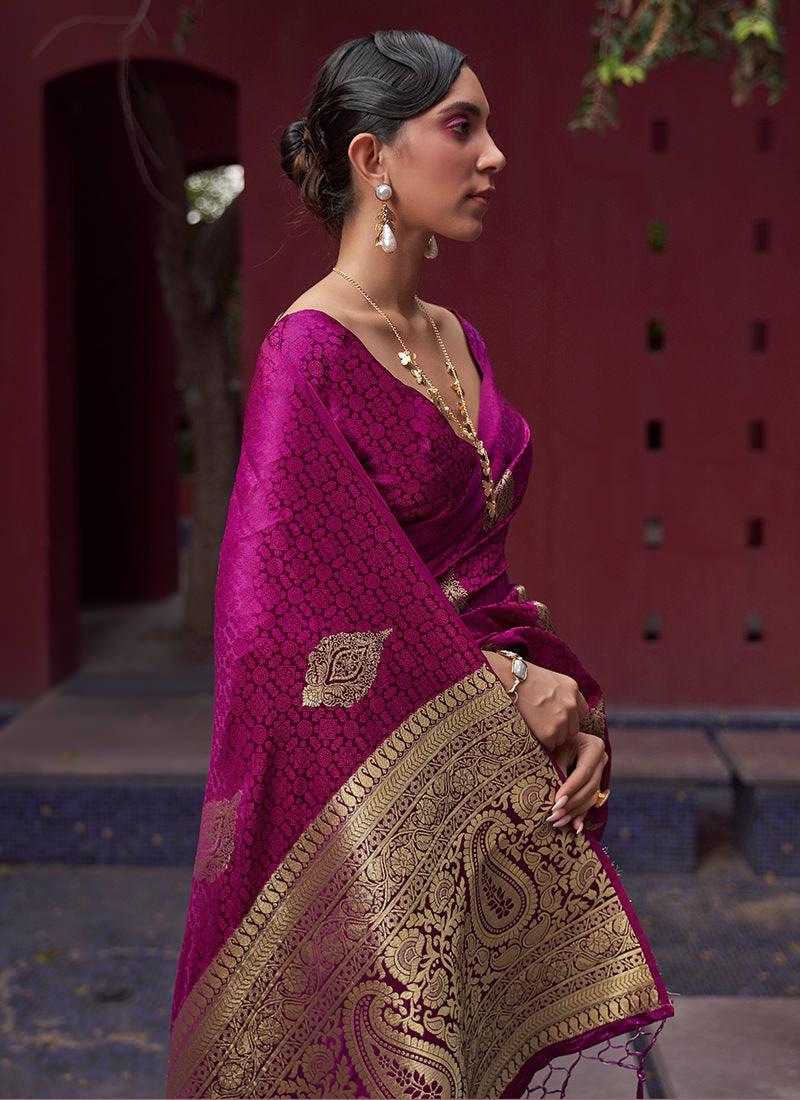 Silk Weaving Dark Pink Satin Classic Saree Wholesale Pice Cheap Online