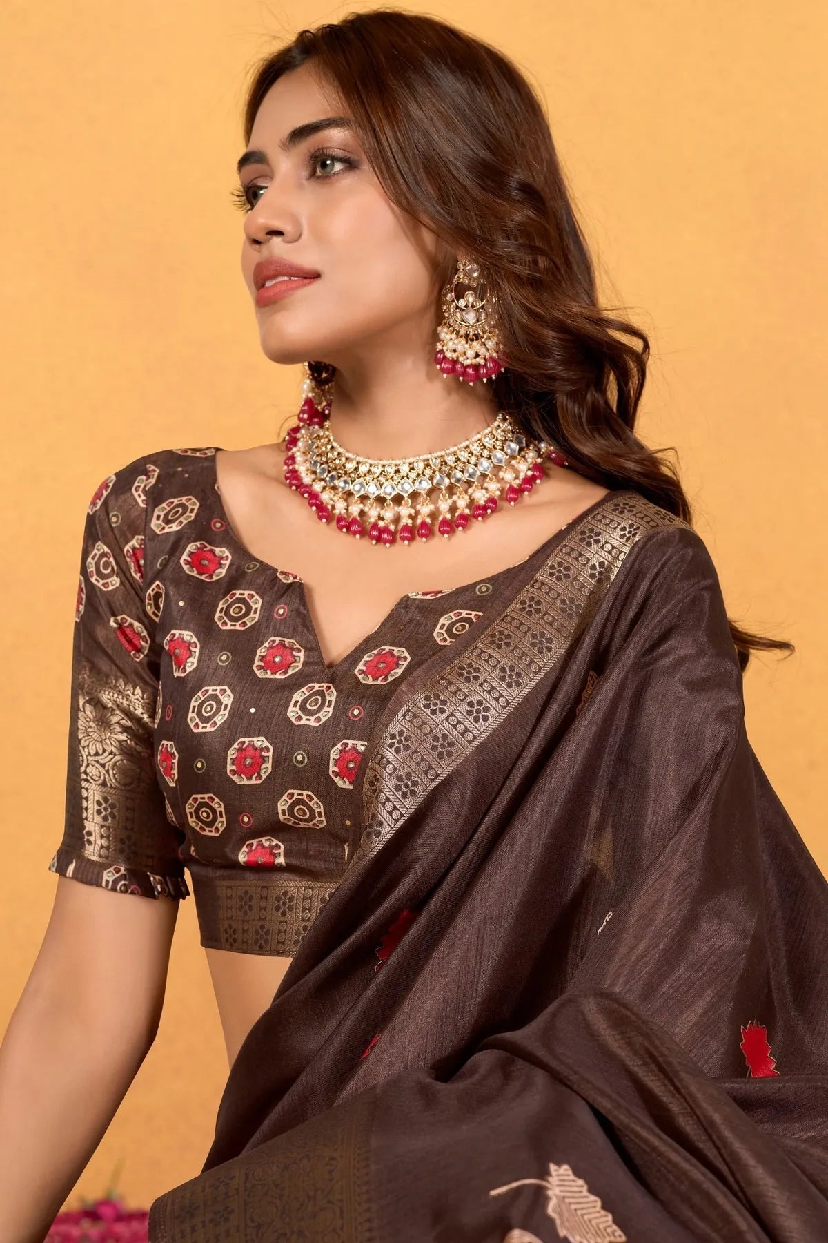 Dark Brown Soft Dola Silk Woven Worked Worked Classic Saree From China