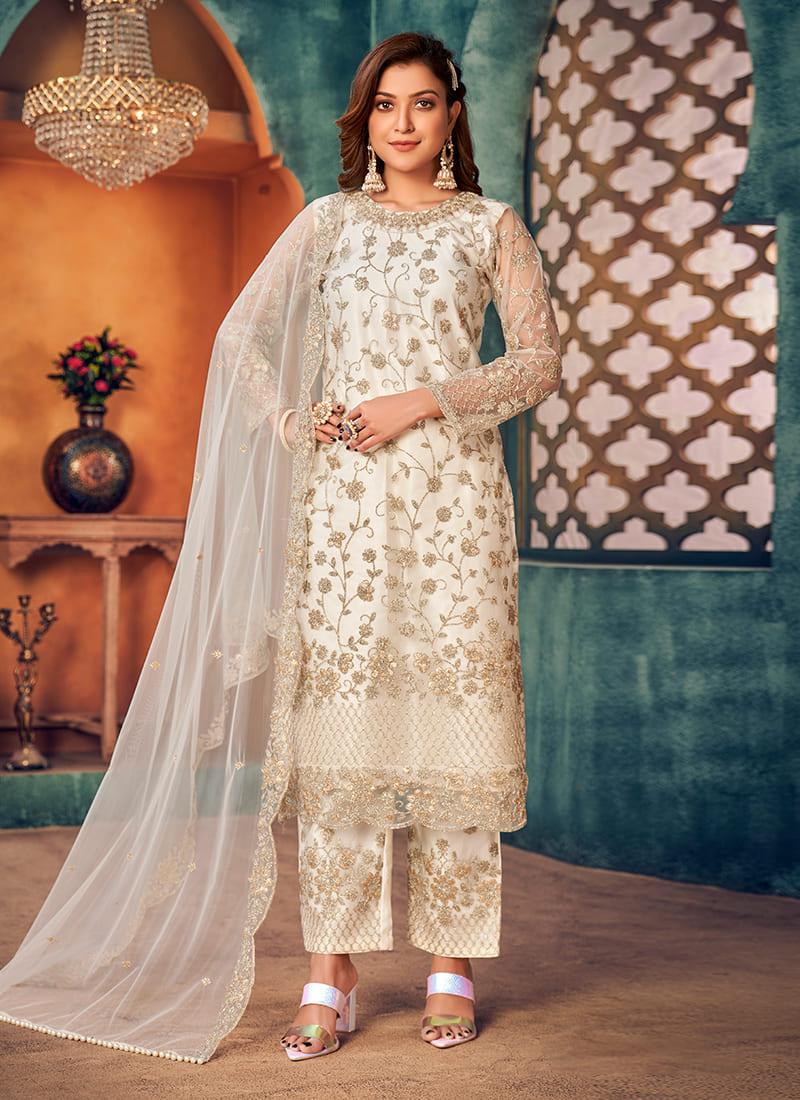 White Net Embroidered Pant Style Suit Best