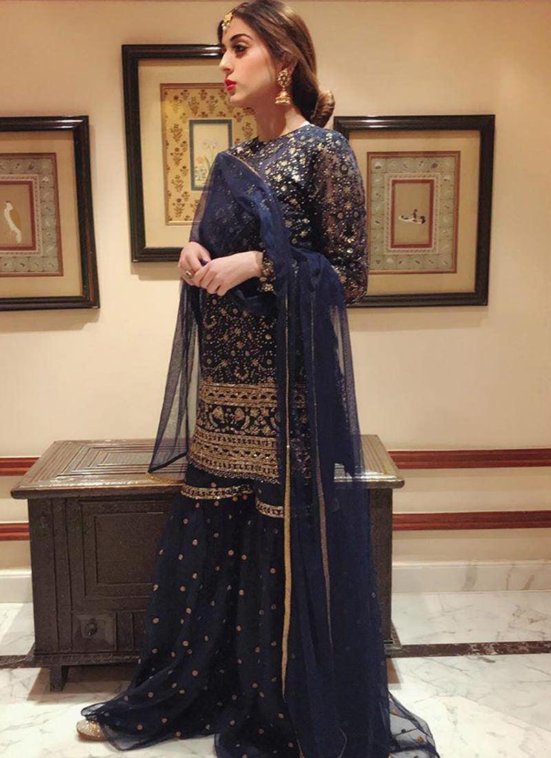 Navy Blue Color Soft Net Base With Sequins And Embroidery Work Sharara Suit Fashion Style Online