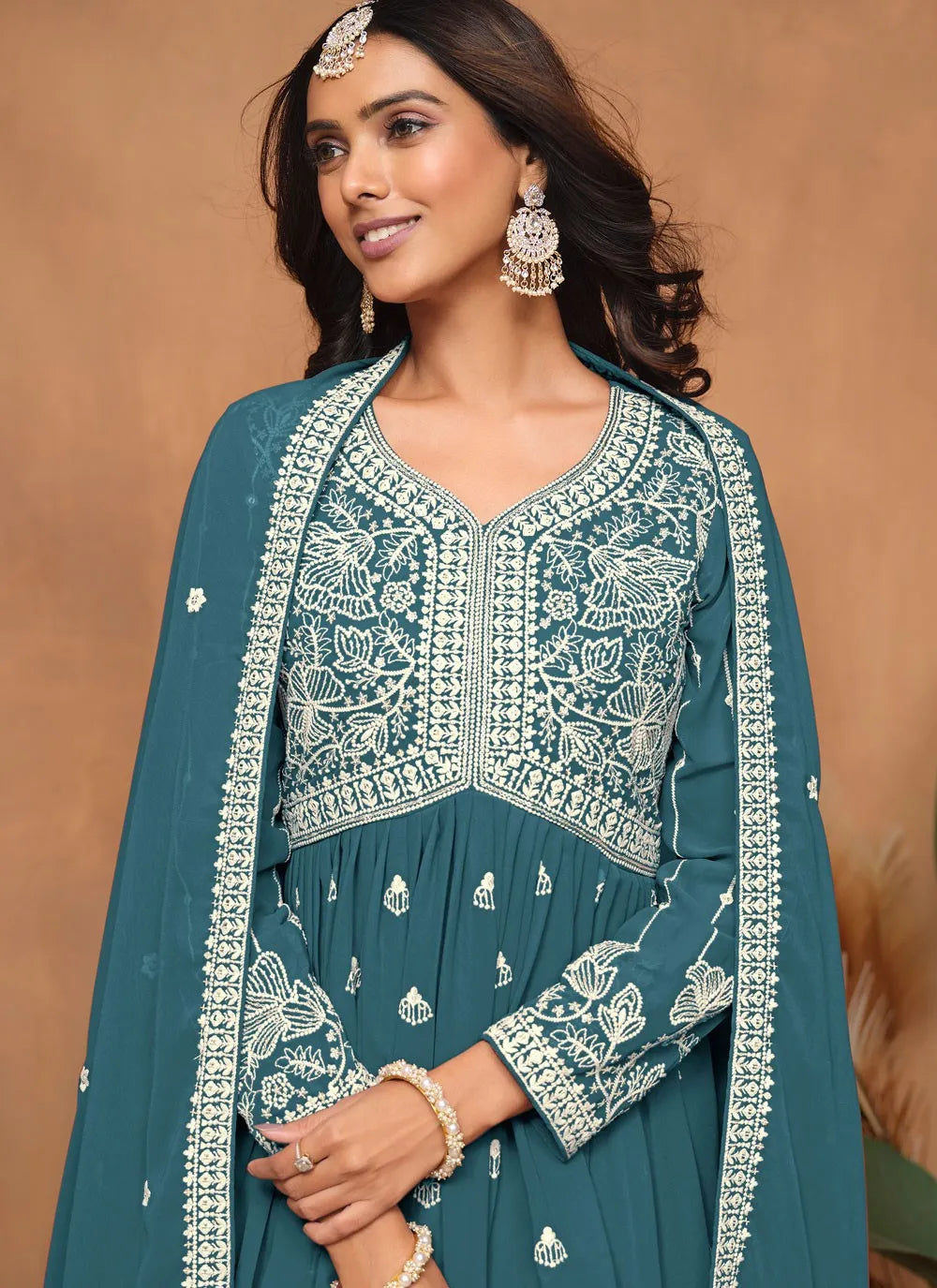 Teal Faux Georgette Sequins Embroidered Designer Top Sharara Suit Free Shipping Fashionable