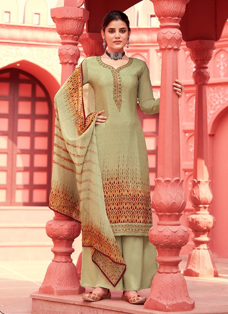 Pista Green Color Crepe Fabric Printed Palazzo Suit With Chiffon Dupatta Pick A Best For Sale