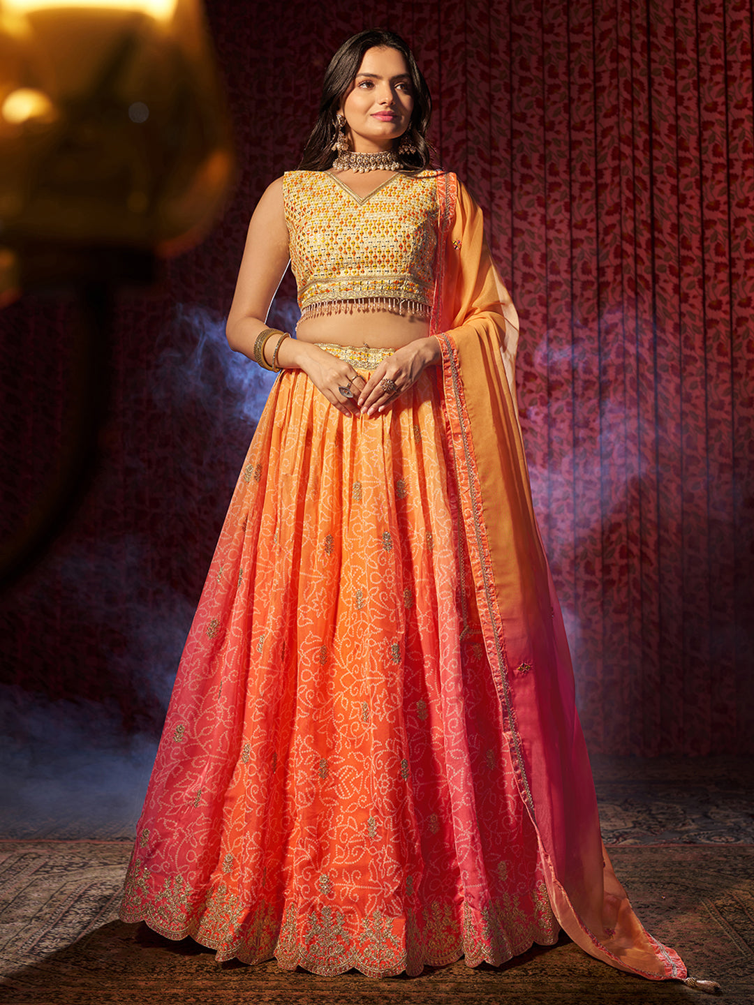 Gorgeous Orange Printed or Embroidered Organza Lehenga Choli Free Shipping Manchester