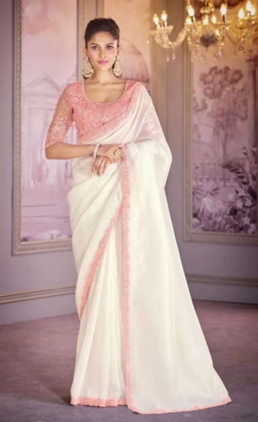 Dreamlike White-Pink Tissue Crush Embroidered Saree Cheap Best Sale