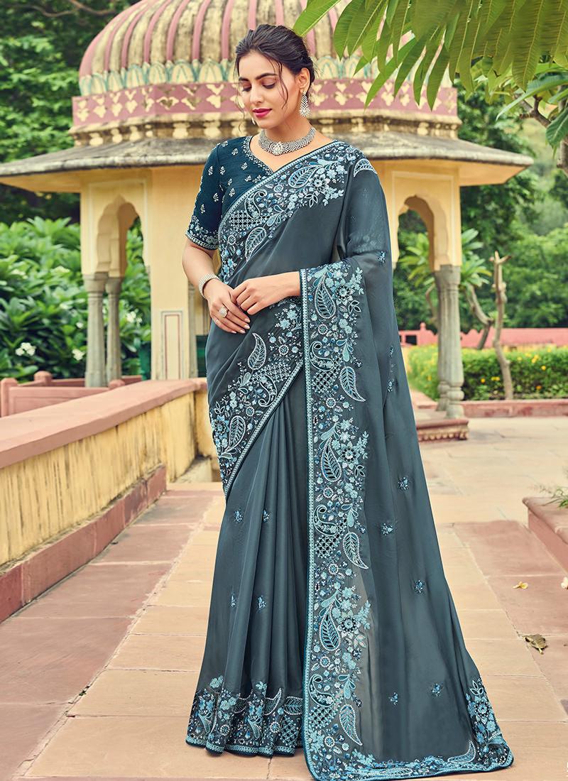 Grey Color Embroidered Organza Saree Best Wholesale For Sale