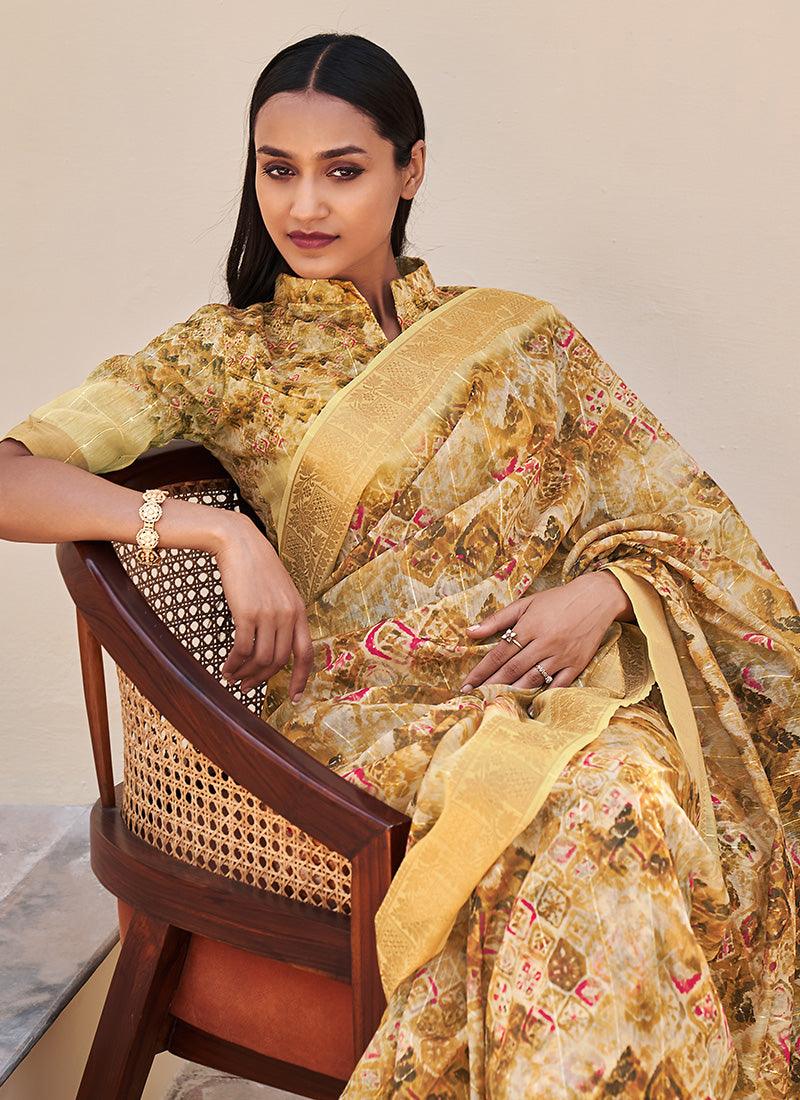 Cream Color Dazzling Printed Partywear Saree Comfortable Online