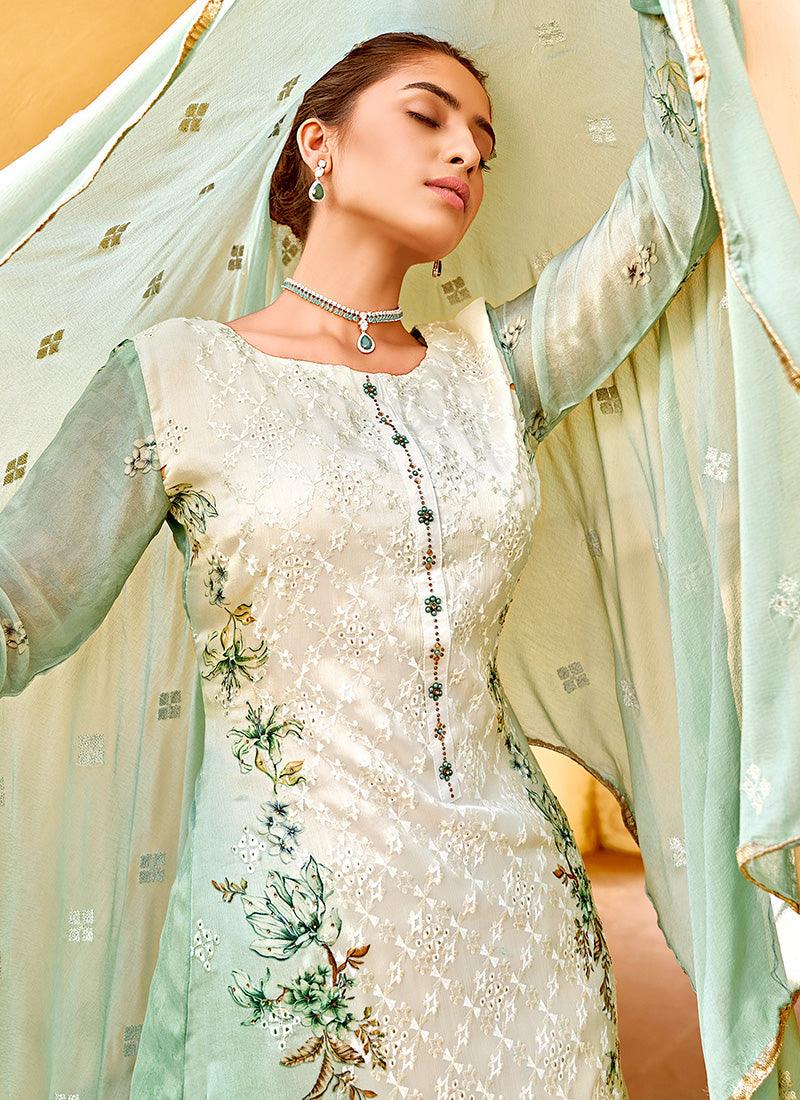 Sea Green Color Art Silk Fabric Resham Work Printed Salwar Suit Sale 2025 Unisex