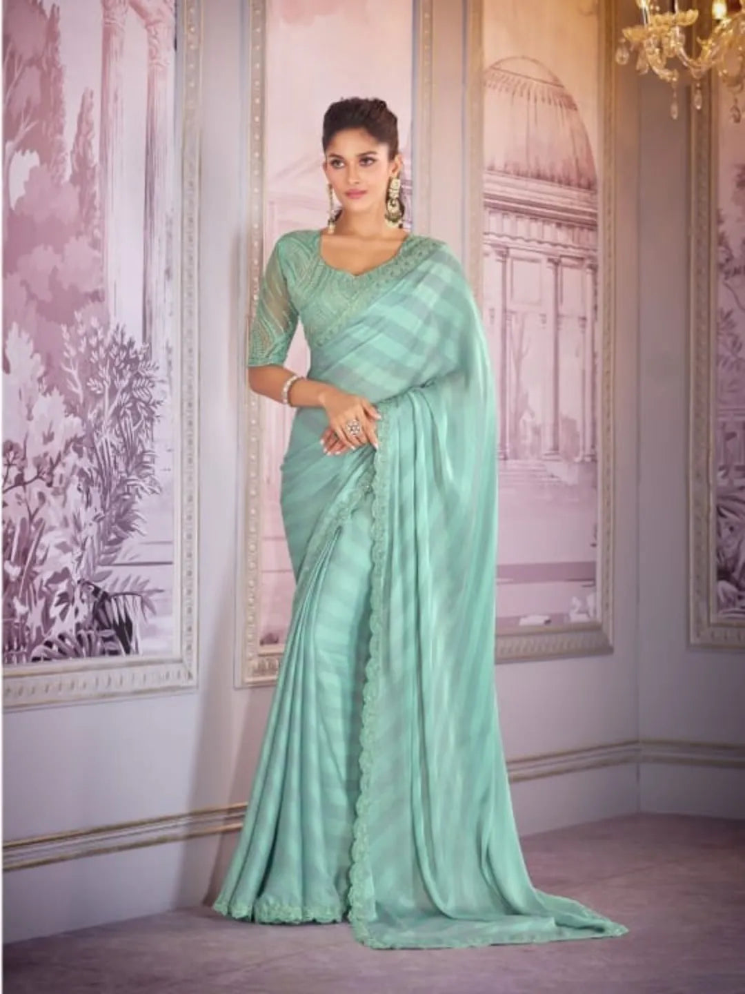 Mesmerizing Sea Green Chiffon Embroidered Saree Cheap Sale Professional