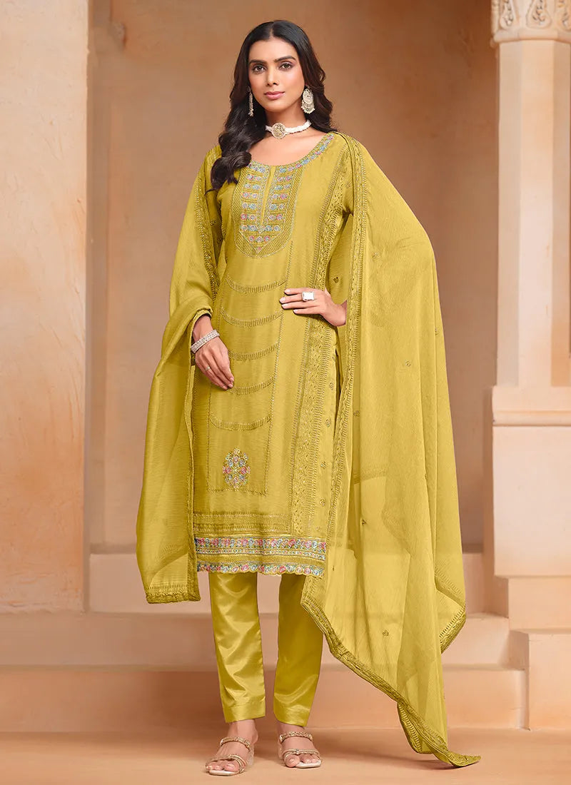 Fantastic Yellow Embroidered Salwar Suit Choice For Sale