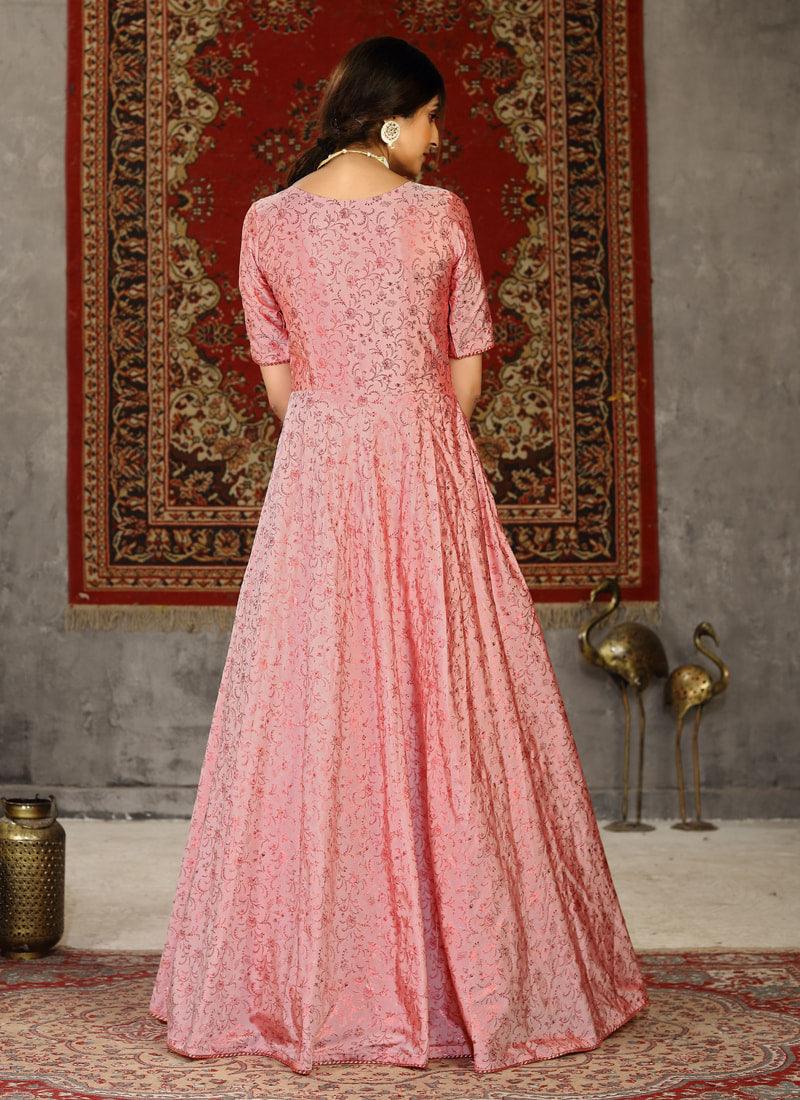 Half Sleeves Taffeta Silk Base Pink Color Designer Printed Gown Recommend