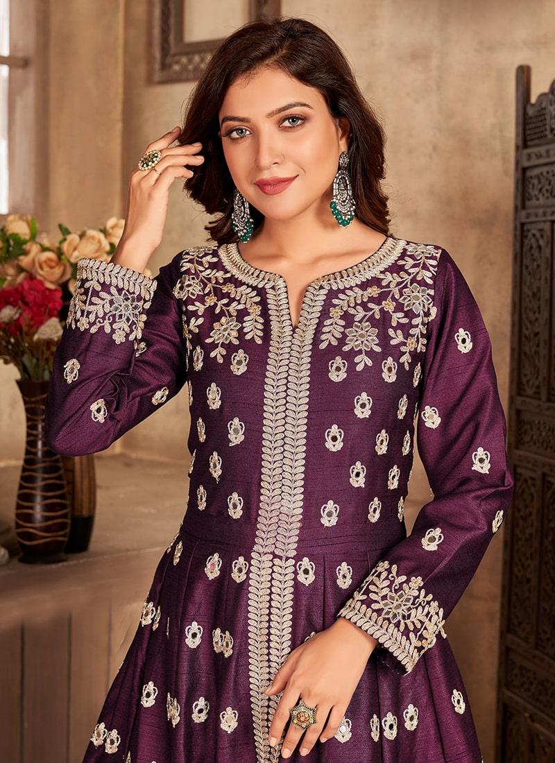 Purple Color Art Silk Fabric Mirror Work Full Sleeves Slit-Cut Salwar Suit Cheap Sale Low Pice Fee Shipping