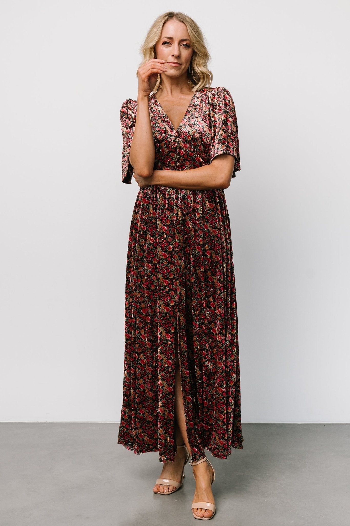 Irina Velvet Maxi Dress | Black Multi Floral Discount Shop Offer