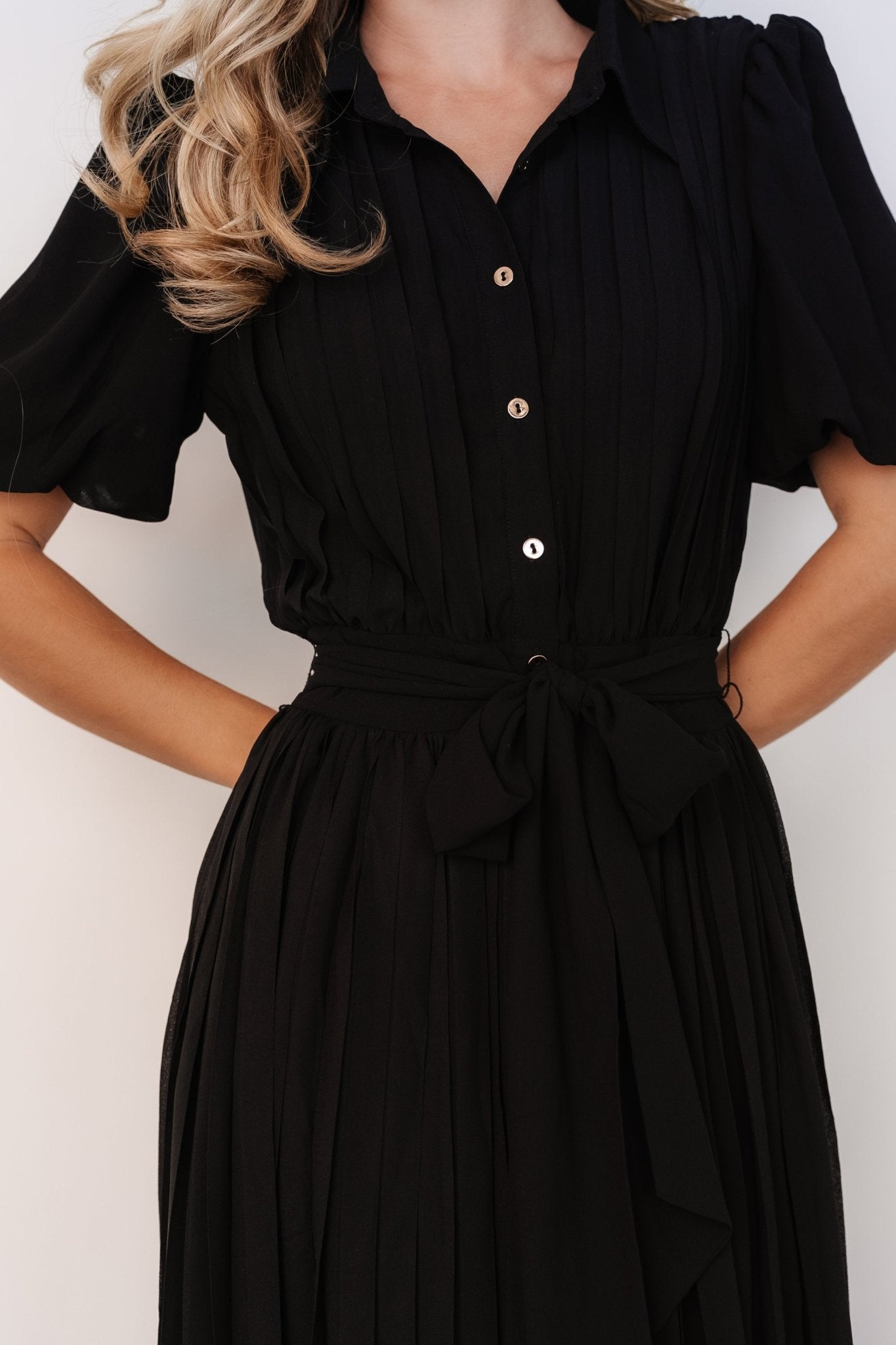 Boston Pleated Button Dress | Black Discounts Cheap Pice