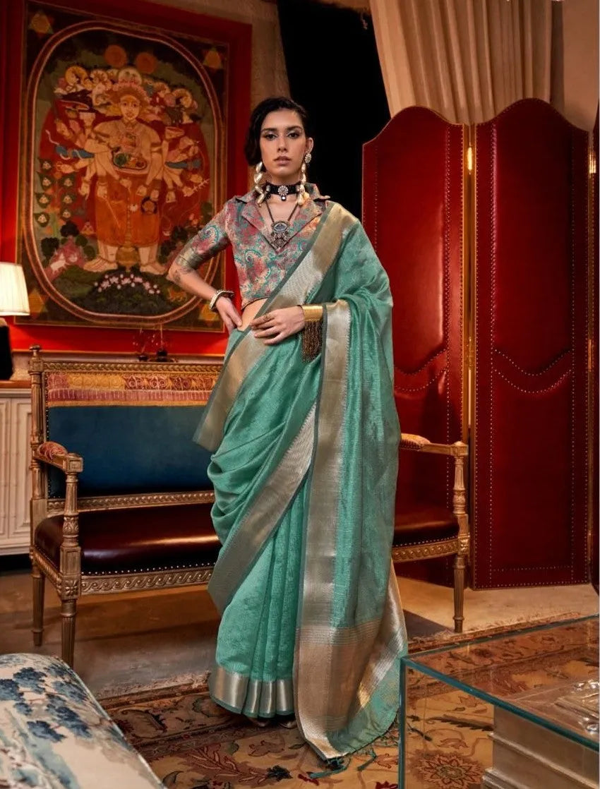 Mesmerizing Chiffon Hand Weaved Sea Green Classic Saree Outlet Newest