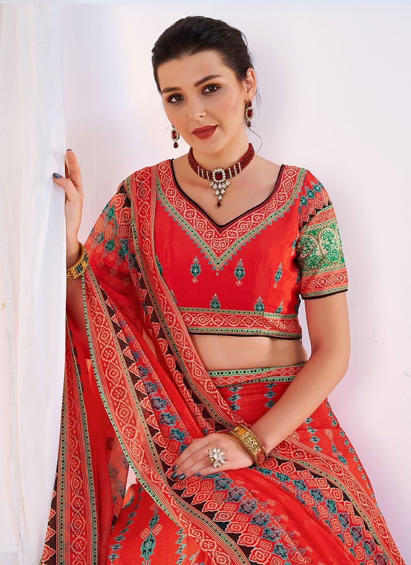 Red Color Printed Half Sleeves Flared Lehenga Choli Free Shipping Browse