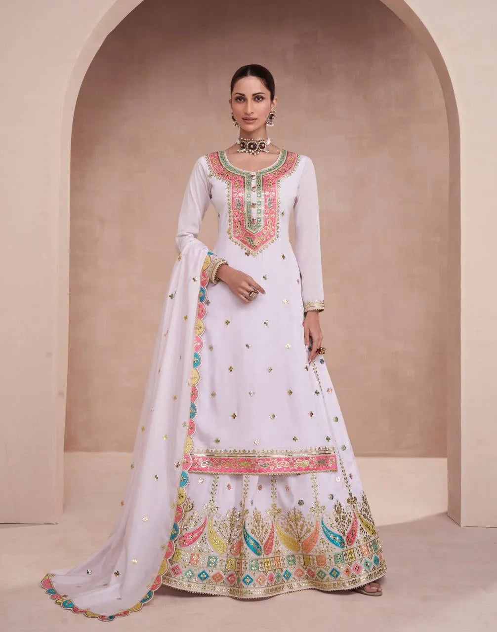 Flawless Off-White Chinon Embroidered Lehenga With Kurta For Cheap Pice