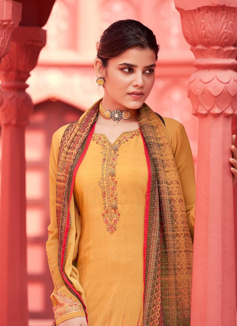 Yellow Color Crepe Fabric Full Sleeves Printed Palazzo Suit 100% Guaranteed