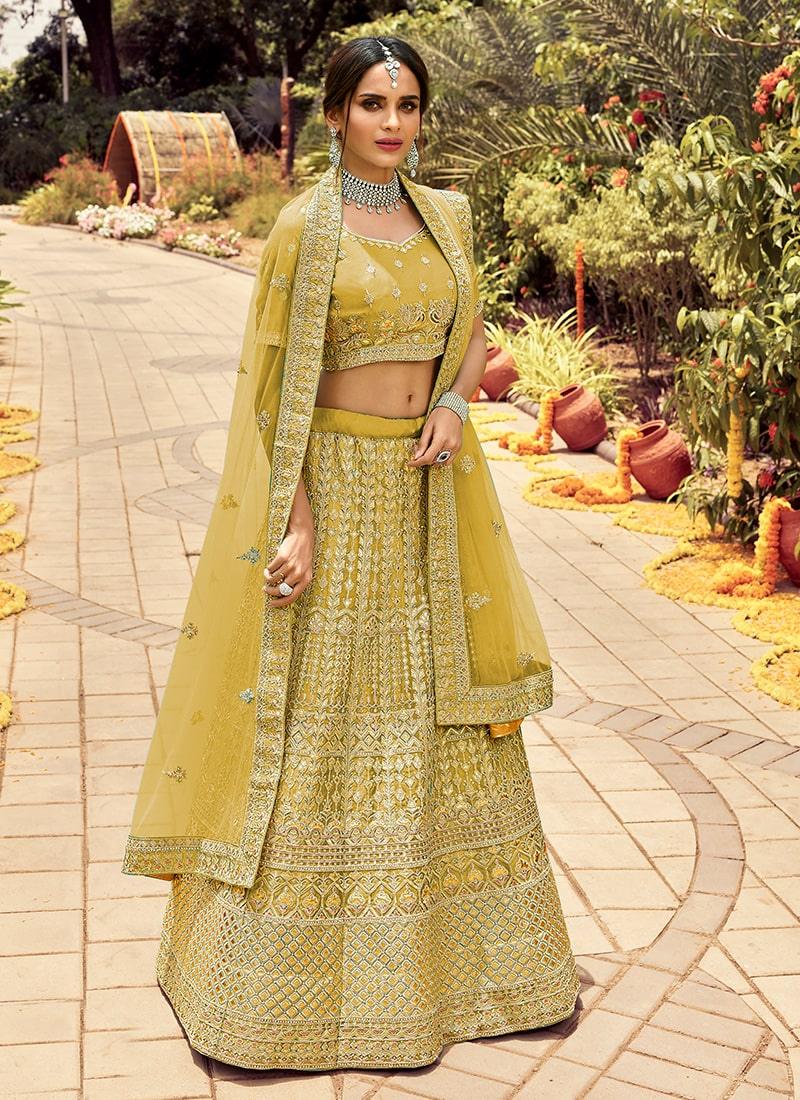 Yellow Color Organza Material Lehenga With Stone And Gota Work Cheap Pice